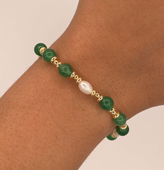 Emerald Tide Pearl Bracelet – Green Natural Stone, Freshwater Pearl & 14K Gold-Plated Beads